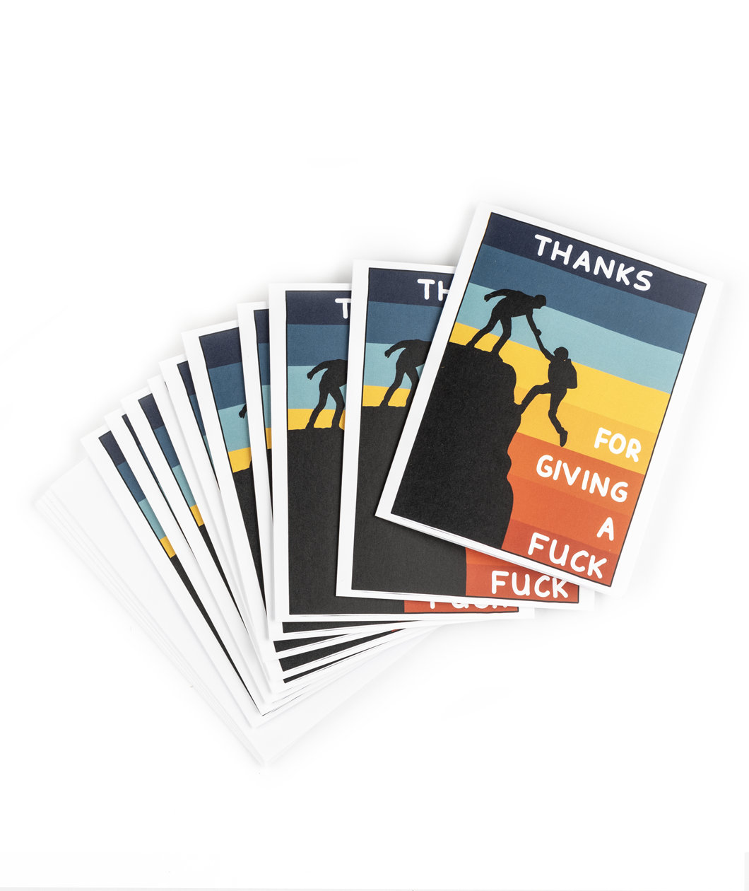 A set of 10 cards laid out that show a gradient from blue to orange in the background with the silhouette of a person helping another person climb up a cliff. The text reads "Thanks for giving a fuck". From Semi Rad.of 