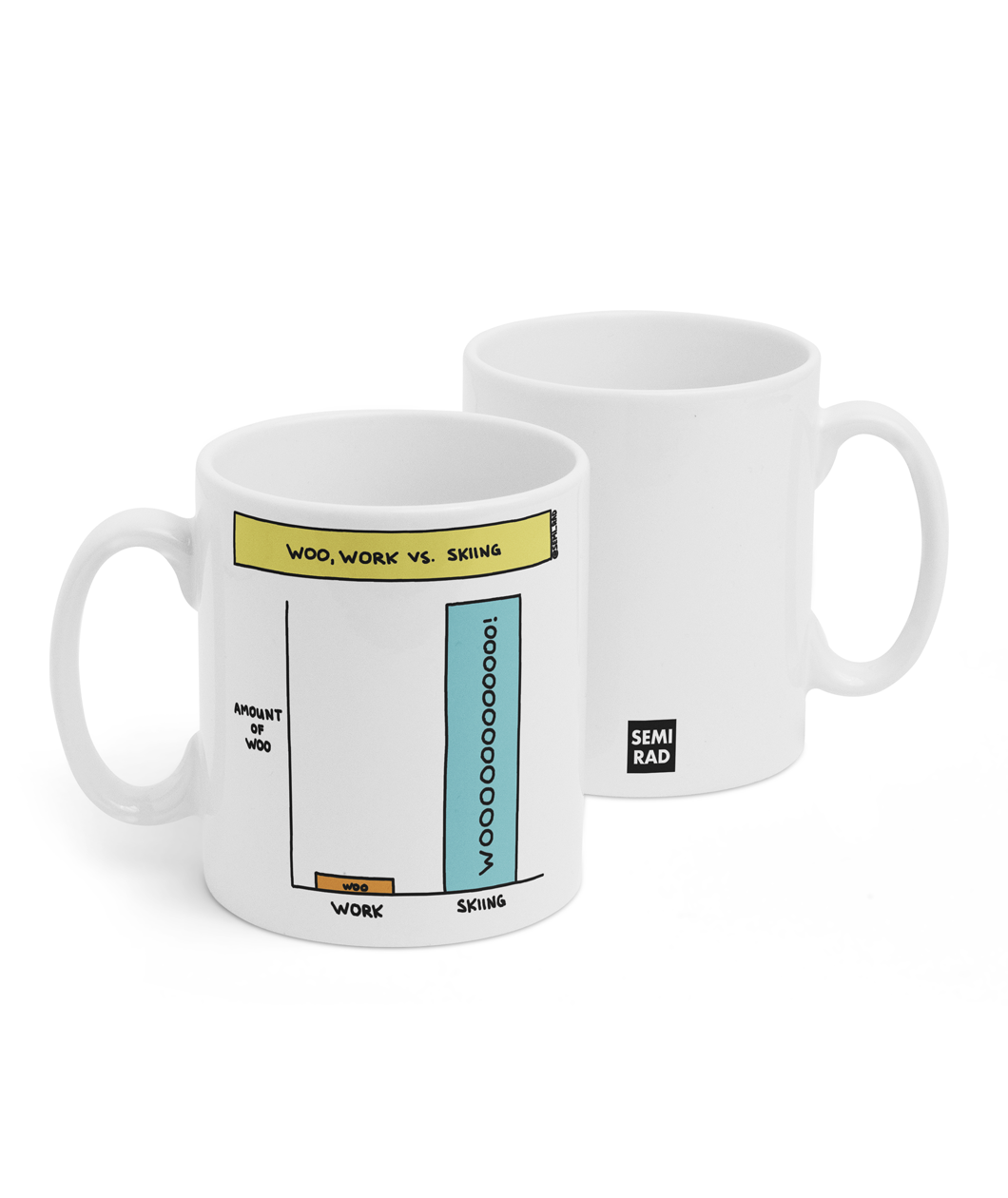 Two white mugs sitting next to each other showing two sides of the same mug. The front side has a graph of "Woo, work vs skiing" with "amount of woo" on the y axis and "work" and "skiing" on the y. The woo bar is much higher for skiing than work. On the back of the mug is a small black square with the words "Semi Rad".