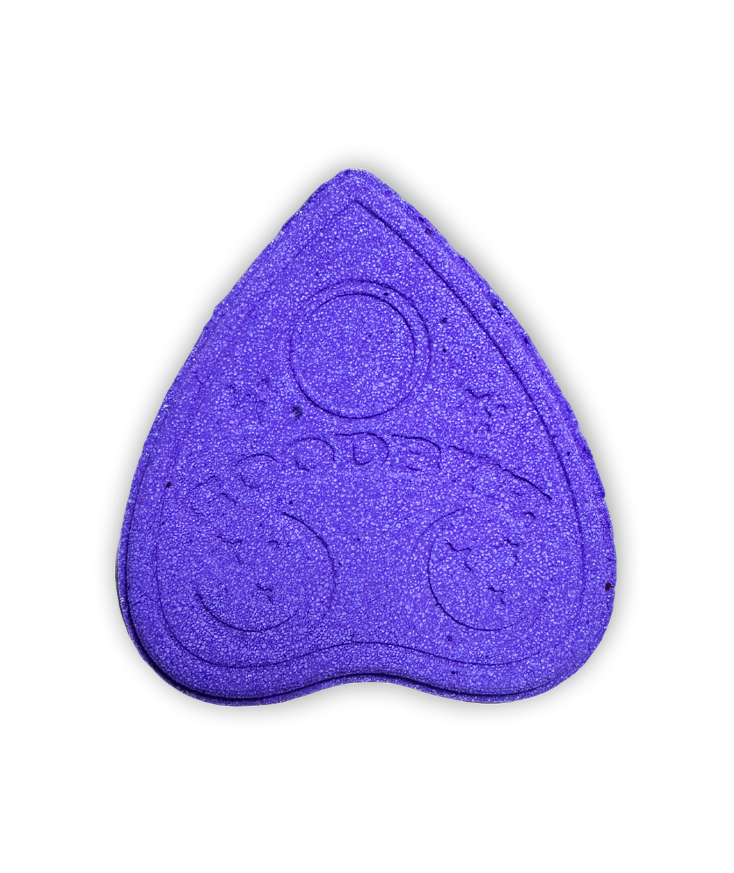 A purple bath bath bomb shaped like an upside down heart with indentations of shapes. From Spirits.