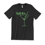 A black t-shirt with bright green test that reads Spirits and their logo featuring a partially full martini glass with two skulls on the toothpick.