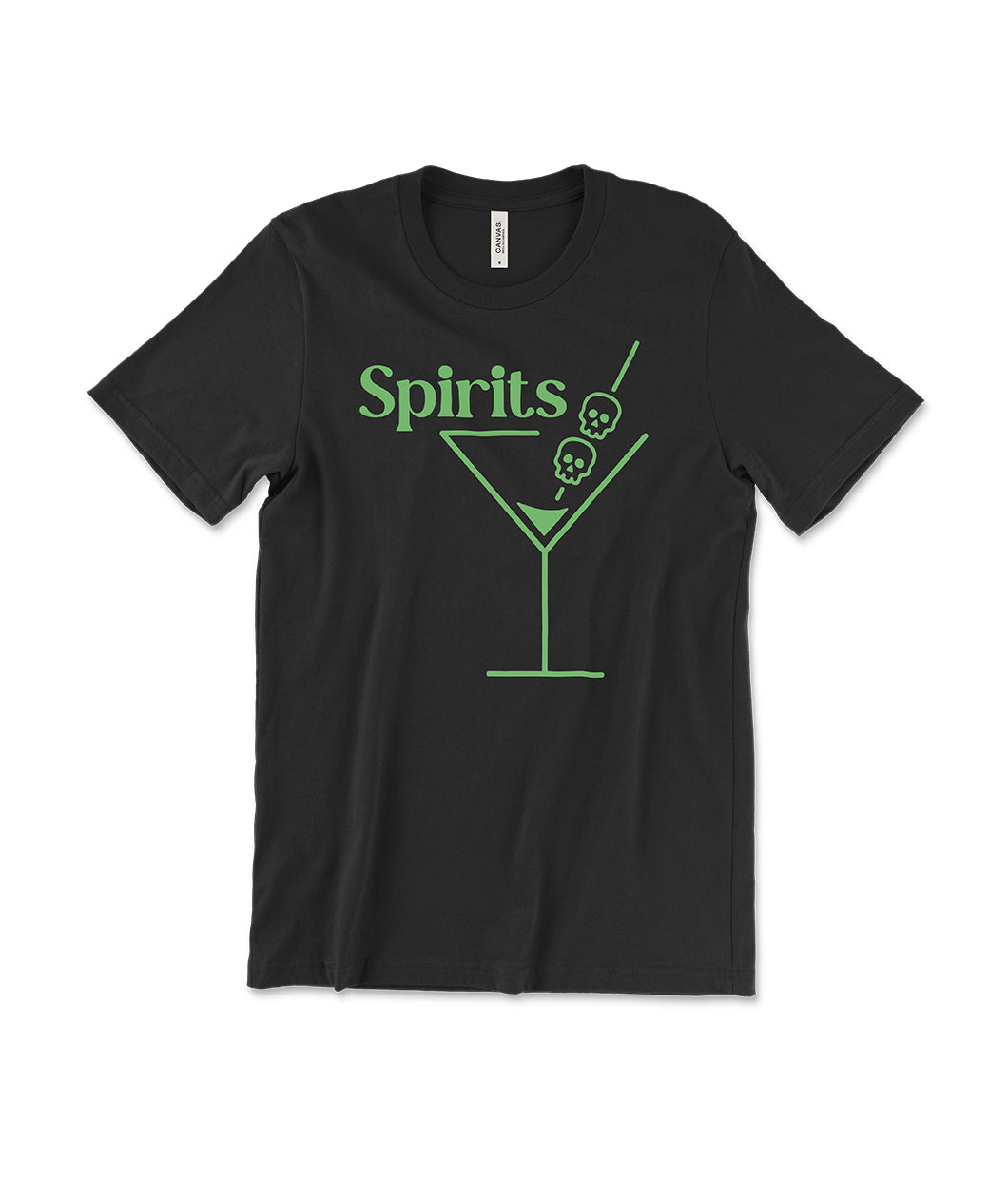 A black t-shirt with bright green test that reads Spirits and their logo featuring a partially full martini glass with two skulls on the toothpick.