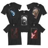 A set of five black t-shirts, each with a different rectangular tarot card design from Spirits on the front. 