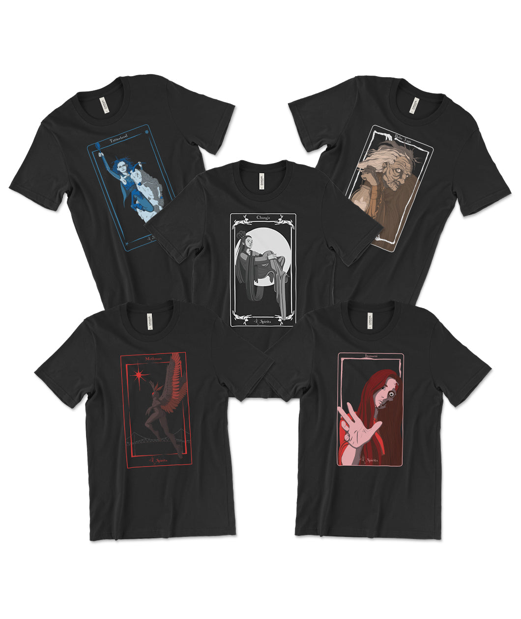 A set of five black t-shirts, each with a different rectangular tarot card design from Spirits on the front. 