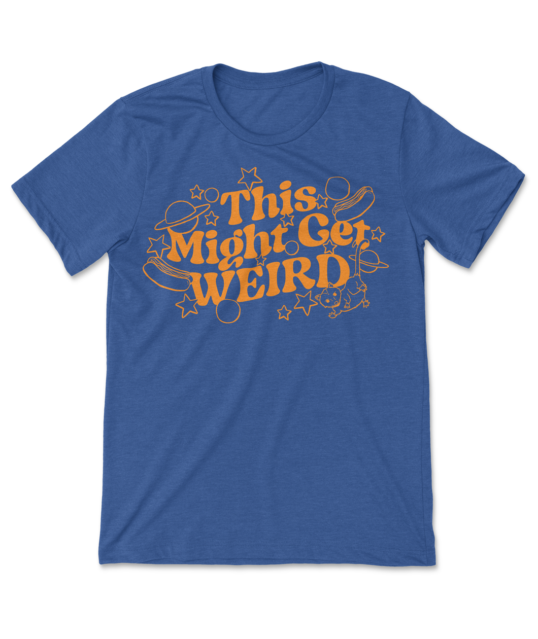  A blue shirt with fun, curvy orange text that reads 