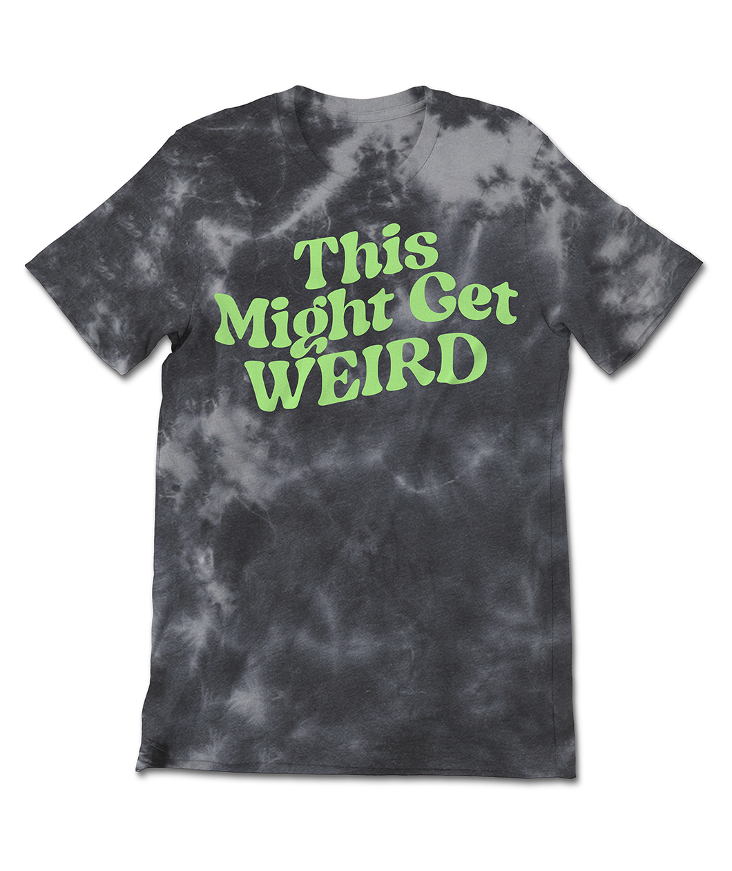  A black and grey tie dye shirt with fun, curvy lime green text that reads 