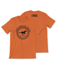 An orange t-shirt that has The Newest Olympian logo on the back neck area and a circular design on the front of a running horse with test that reads "Camp Regular Person; Regular Long Island; Regular New York".   