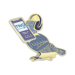 An enamel pin shaped like a blue bird wearing headphones, holding a cellphone that is playing TNO. 