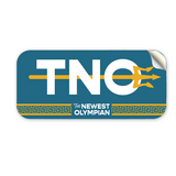 A rectangular sticker with rounded corners, a blue background and the letters "TNO" in white with a yellow trident going through it. Below the TNO is says "The Newest Olympian". 