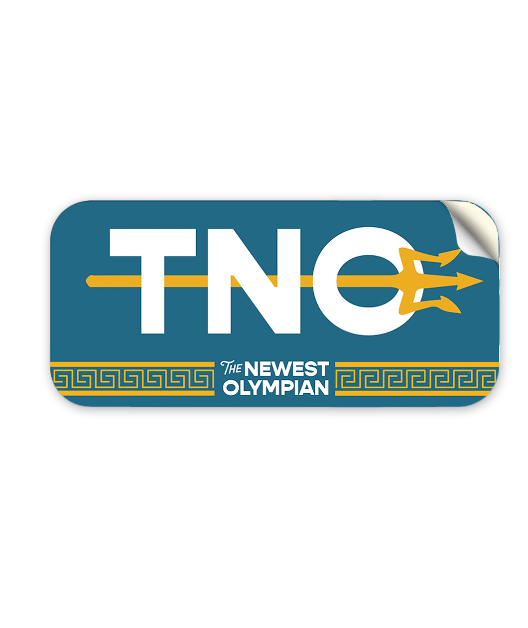 A rectangular sticker with rounded corners, a blue background and the letters "TNO" in white with a yellow trident going through it. Below the TNO is says "The Newest Olympian". 