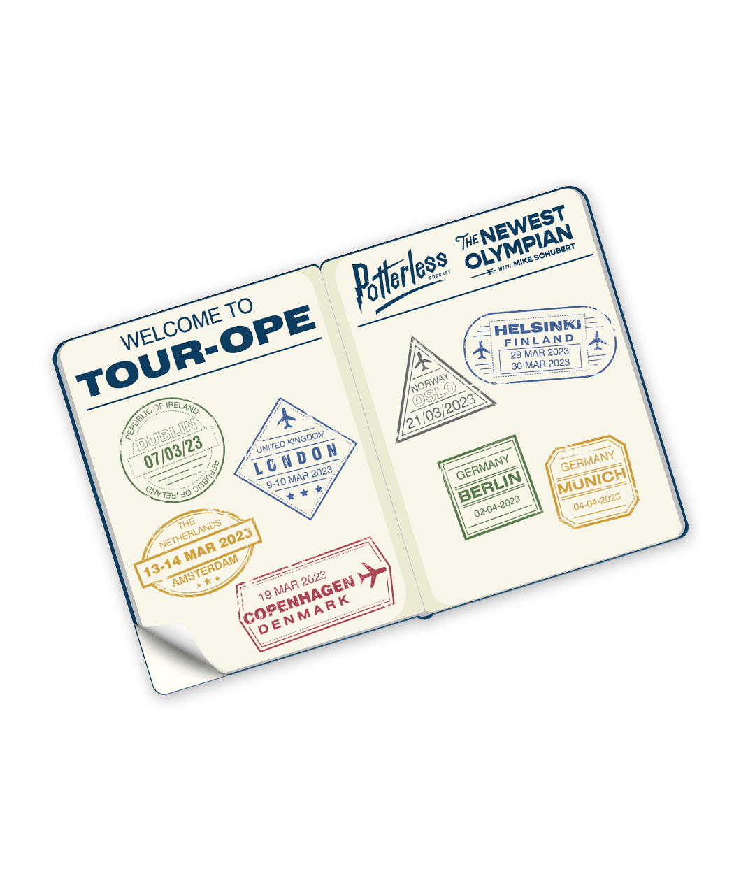 A sticker that looks like the inside of a passport with text that reads "Welcome to Tour-ope" and "Potterless; The Newest Olympian" and has stamps of different cities in Europe. 