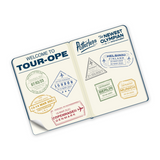 A sticker that looks like the inside of a passport with text that reads "Welcome to Tour-ope" and "Potterless; The Newest Olympian" and has stamps of different cities in Europe. 