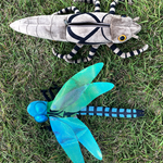 The unzippered dragonfly larve shell plush next to the bright blue adult dragonfly plush.