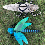 The unzippered dragonfly larve shell plush next to the bright blue adult dragonfly plush.