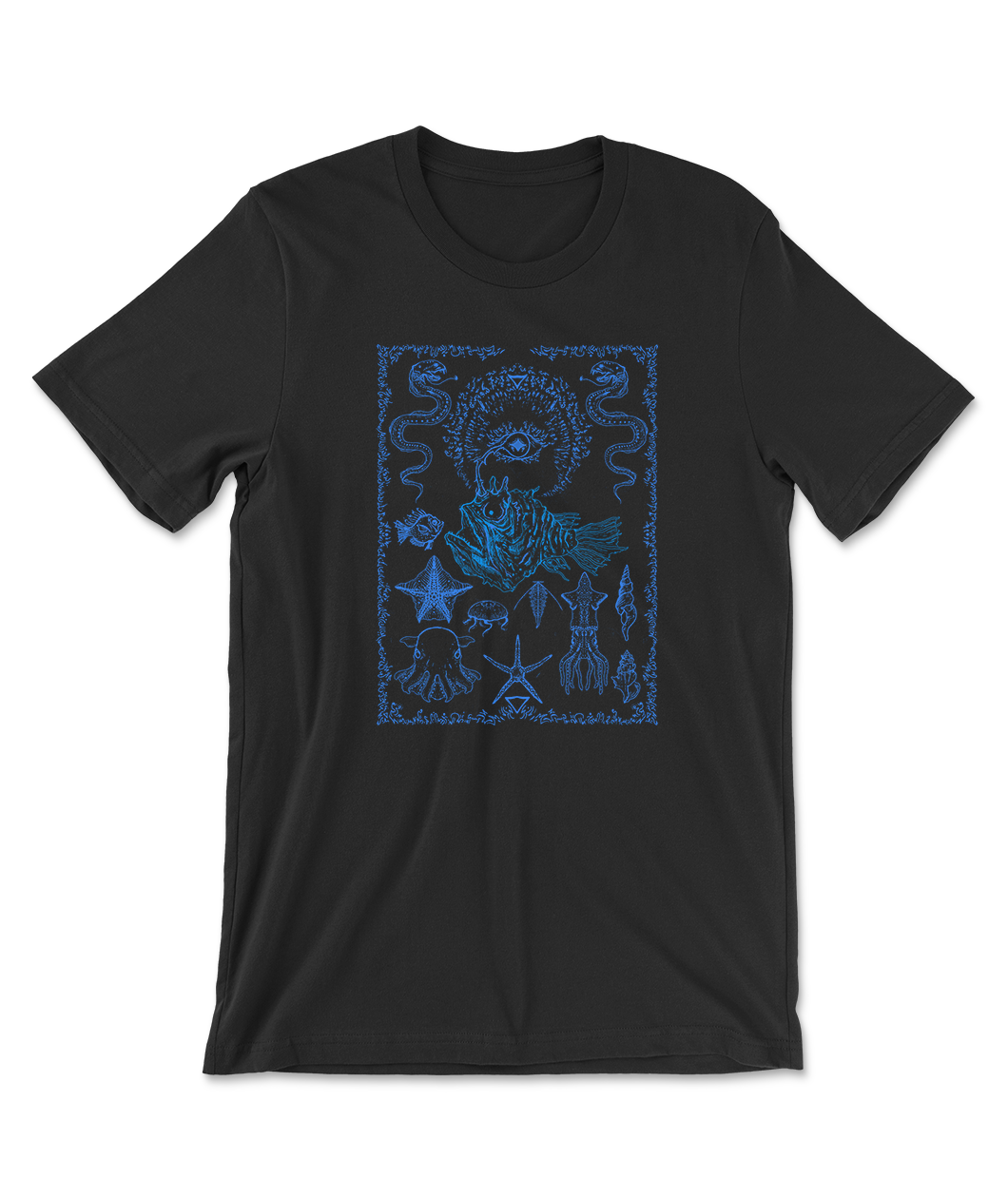 Black t-shirt with blue illustrated design of an anglerfish with a halo, eels, starfish, and shells with a line art border. Printed front and center on the shirt. 