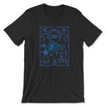 Black t-shirt with blue illustrated design of an anglerfish with a halo, eels, starfish, and shells with a line art border. Printed front and center on the shirt. 