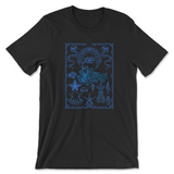 Black t-shirt with blue illustrated design of an anglerfish with a halo, eels, starfish, and shells with a line art border. Printed front and center on the shirt. 