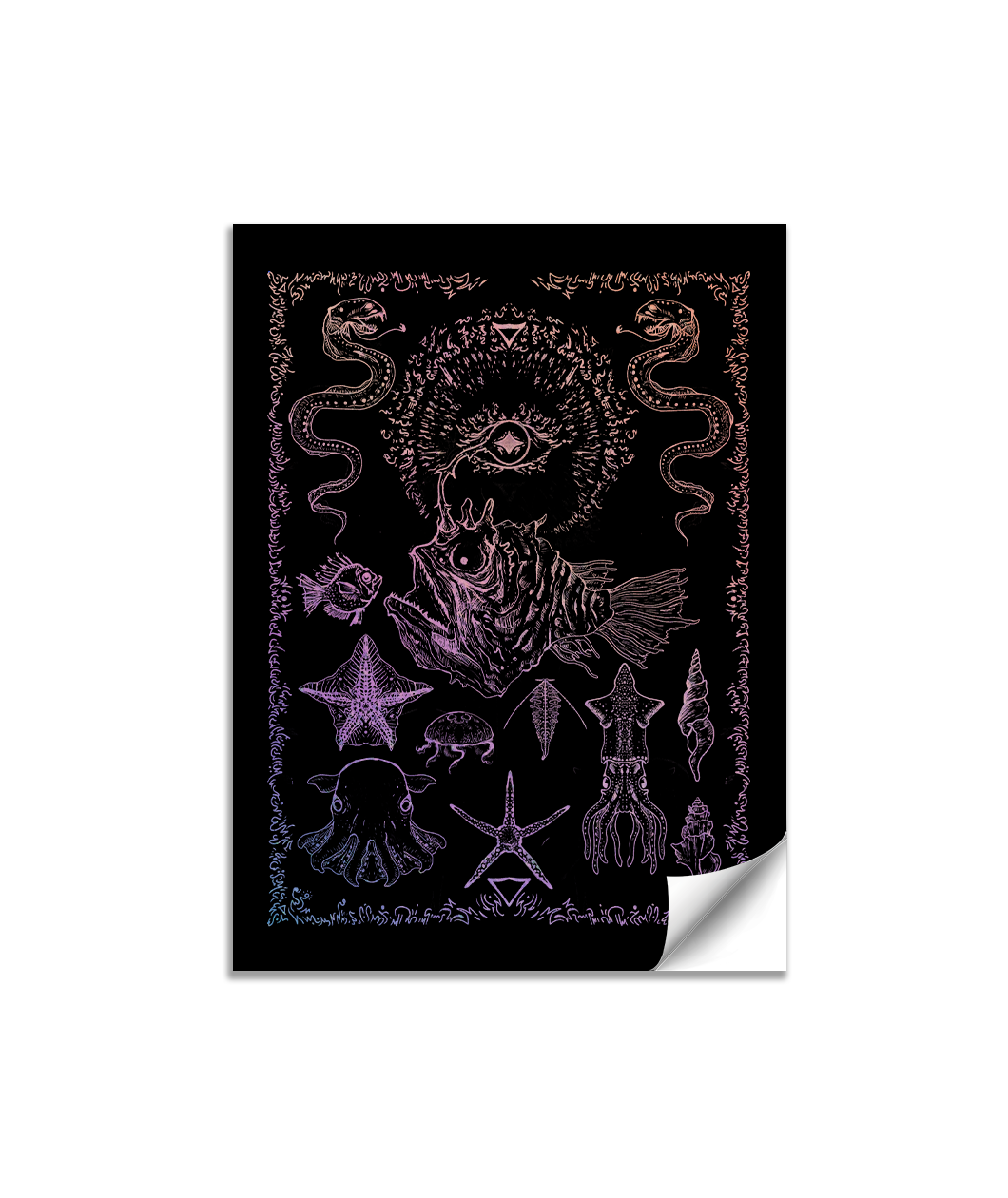 Black sticker with holographic illustrated design of an anglerfish with a halo, eels, starfish, and shells with a line art border. 