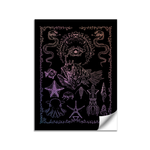 Black sticker with holographic illustrated design of an anglerfish with a halo, eels, starfish, and shells with a line art border. 