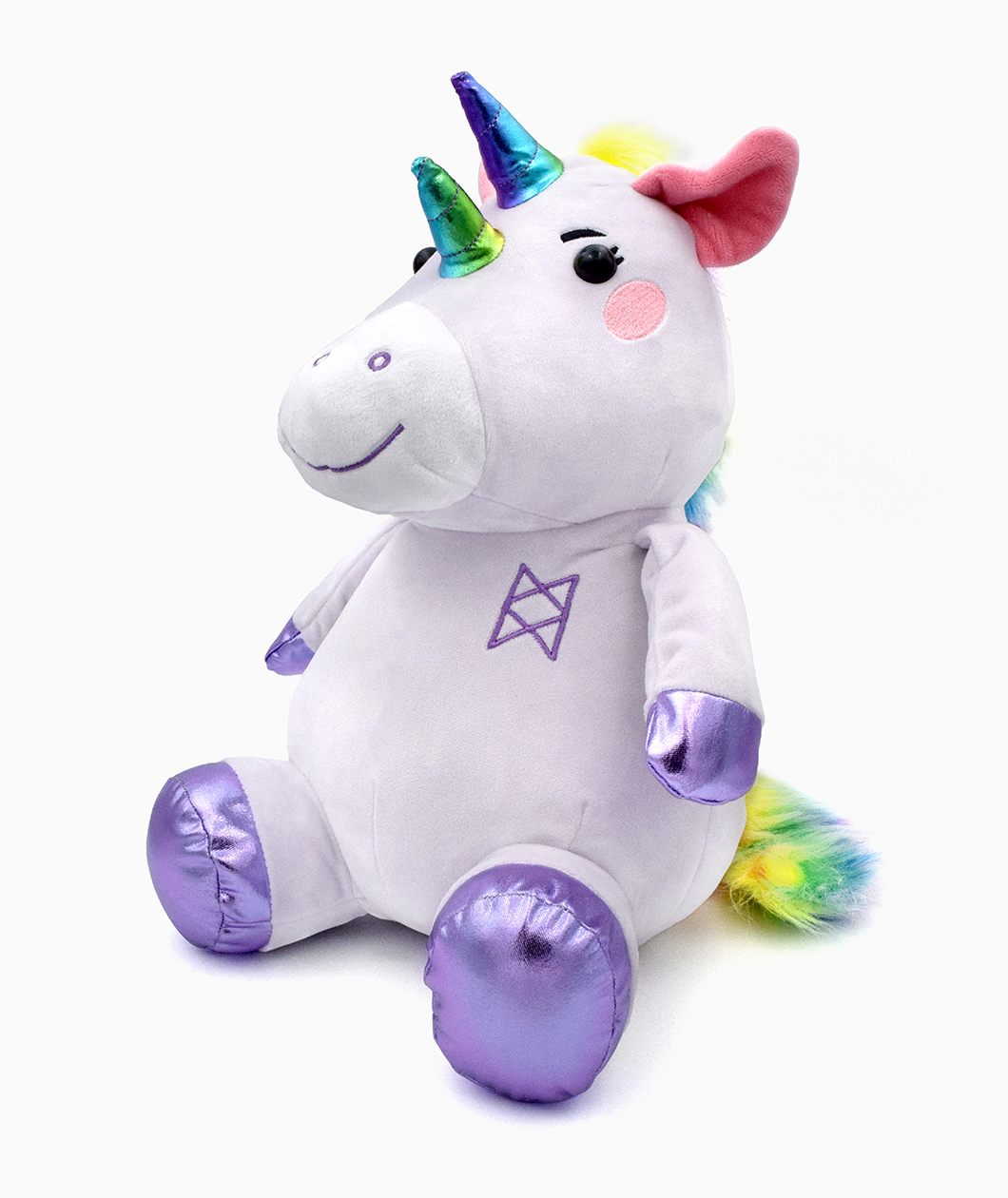 The Garyl plushie which is a light purple unicorn with two shiny rainbow horns on the center of its forehead. A rainbow fur mane of hair flows from the head to its tail. It has a purple embroidered insignia on its left chest and bright shiny purple fabric for hooves on its hands and feet. 14" tall in sitting position including its horns.