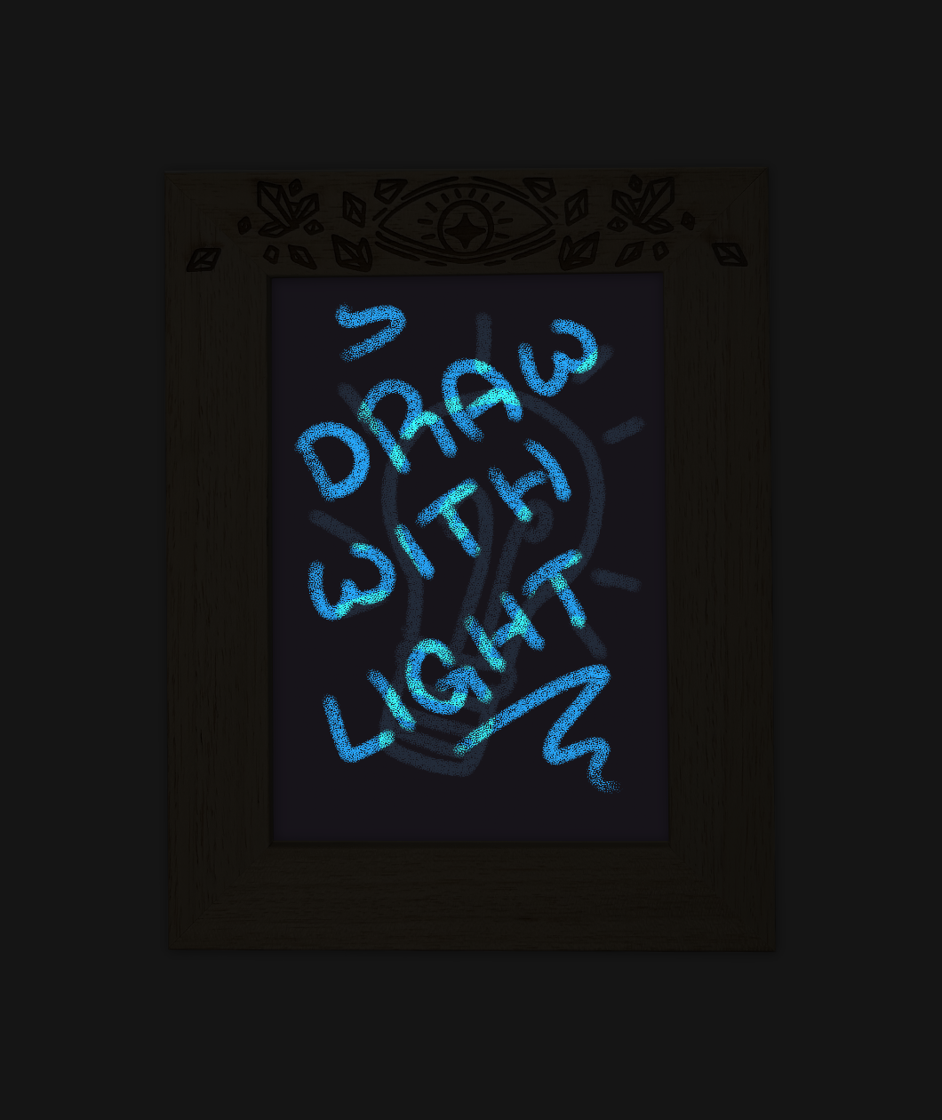 The middle of a darkened framed reads "Draw with light"/ 