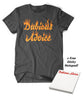 Dark Grey shirt. The words, "Dubious Advice" is written out in cursive but has been modified to look like fire. Secondary image also indicates that you will receive a free sticky notepad with an order of this shirt. Square notepad with red cursive lettering that says, "Dubious Advice"