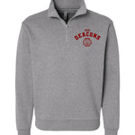 Heather Grey Sweatshirt with a quarter zip closure. There is a print on the left part of the wearer's chest that reads, "Red Deacons" Below it is a small shield like coat of arms emblem that reads "Football Club" in the shield there is lettering that reads, "memento mori" and an image of an apple.