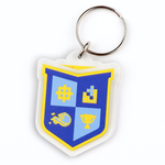 Silver colored keychain with acrylic charm of a yellow and blue shield with pixelated images in each of the four corners to make up the VGHS crest.