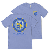 Back of a sky blue shirt with the video game high school emblem in yellow and blue. Front of the blue version of this shirt with the shield crest of video game high school in the upper right of the chest also in blue and yellow colors.