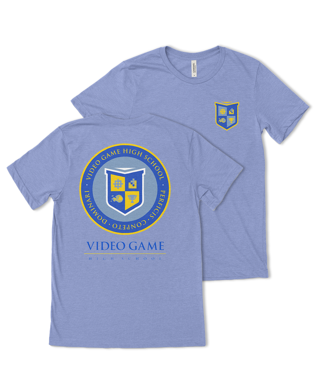 Back of a sky blue shirt with the video game high school emblem in yellow and blue. Front of the blue version of this shirt with the shield crest of video game high school in the upper right of the chest also in blue and yellow colors.