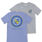 Back of a sky blue shirt with the video game high school emblem in yellow and blue. Front of the grey version of this shirt with the shield crest of video game high school in the upper right of the chest also in blue and yellow colors.