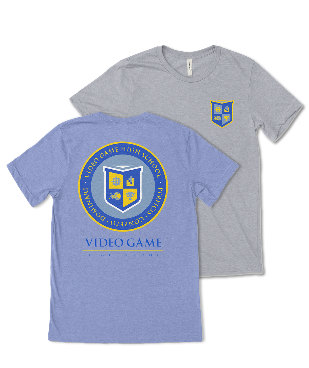 Back of a sky blue shirt with the video game high school emblem in yellow and blue. Front of the grey version of this shirt with the shield crest of video game high school in the upper right of the chest also in blue and yellow colors.