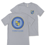 Back of a grey shirt with the video game high school emblem in yellow and blue. Front of the grey version of this shirt with the shield crest of video game high school in the upper right of the chest also in blue and yellow colors.