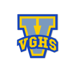 V logo sticker with VGHS in yellow and blue enamel and light blue V so it looks like a varsity letter.