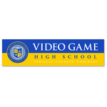 Two tone bumper sticker with royal blue on top and yellow on bottom. Includes VGHS crest on the left in an official circular emblem with large text on the right, "Video Game High School Perficis Conpeto Dominari"