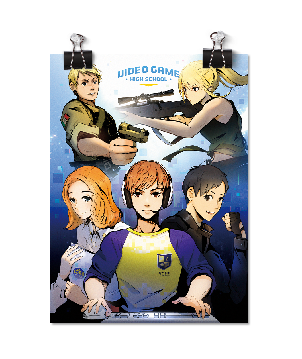 Blond guy and girl pointing guns at each other with the words " Video Game High School" in the top center. A red haired girl, auburn haired boy, and black haired boy sit at a computer at the bottom of the poster. Drawn in the anime style.