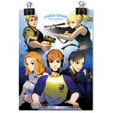 Blond guy and girl pointing guns at each other with the words " Video Game High School" in the top center. A red haired girl, auburn haired boy, and black haired boy sit at a computer at the bottom of the poster. Drawn in the anime style.