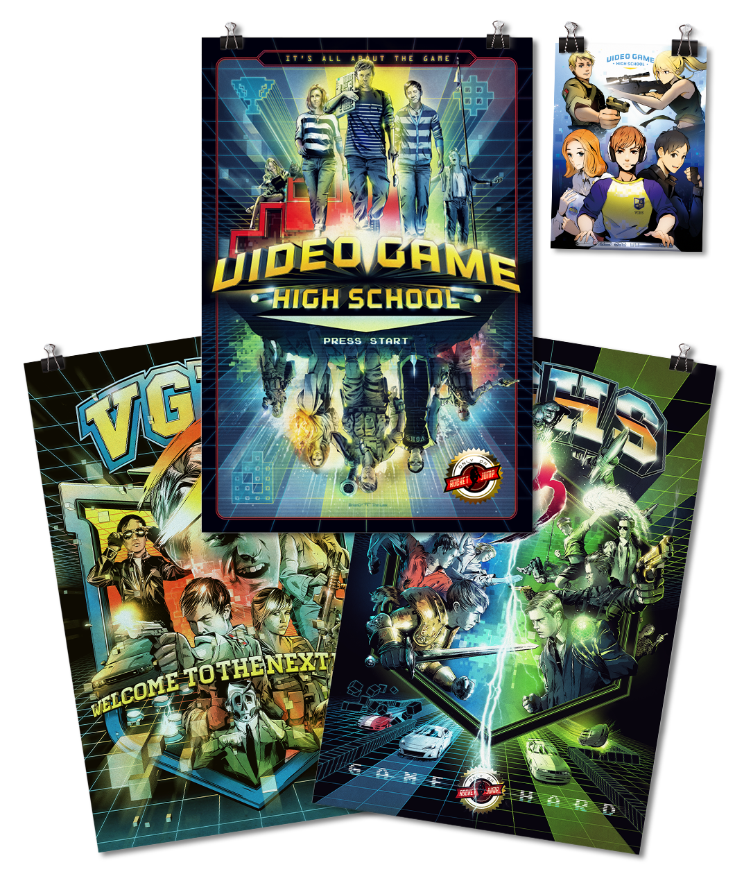 Three movie size posters each from the different seasons of Video Game High School. Also a mini poster which is postcard size of the characters from the show in the anime style.