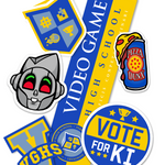 VGHS Logo crest sticker, Shotbot head sticker, V logo sticker, Vote for Ki sticker, and Pizza Dunx sticker. Also includes a Video Game High School bumper sticker.