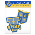 Polybag with Video Game High School Header card. Contains two patches. One V logo patch with VGHS on it in Blue and Yellow, then the VGHS Crest with the pixelated images in the four corners of the shield.