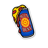 Sticker of a blue can that has a logo of a pizza with the words, "PIZZA DUNX" and a slice of pepperoni pizza coming out of the top.