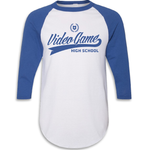 White baseball tee with royal blue sleeves and the text "Video Game High School" in a script font so it looks like a baseball player should be wearing it.