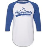 White baseball tee with royal blue sleeves and the text "Video Game High School" in a script font so it looks like a baseball player should be wearing it.