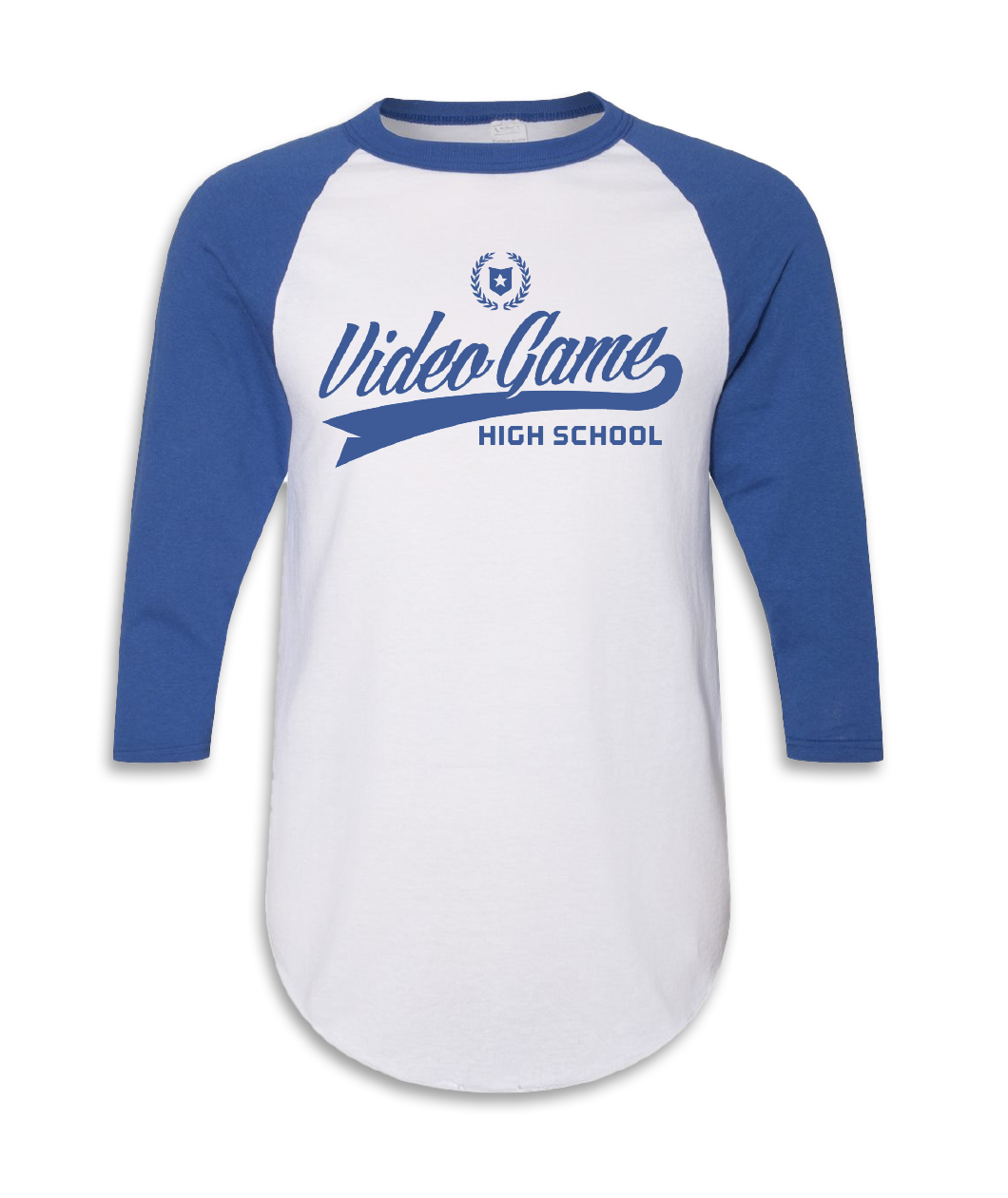 White baseball tee with royal blue sleeves and the text "Video Game High School" in a script font so it looks like a baseball player should be wearing it.