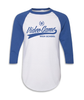 White baseball tee with royal blue sleeves and the text "Video Game High School" in a script font so it looks like a baseball player should be wearing it.