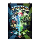 Movie size poster from season 3 of Video Game High School. One side is blue tone while the other is green tone, separated by a lighting bolt the characters face off in the middle of the poster with chrome lettering reflecting the desert spelling "VGHS" above. The base has a minimal game system road of blocks with four cars driving towards the viewer.