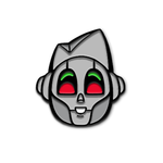 Black Metal pin of a grey robot smiling with red and green eyes.