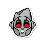 Sticker of a grey robot smiling with red and green eyes.