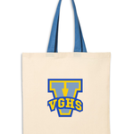 Natural colored tote with blue strap and V varsity letter emblem in yellow and blue with. bold letters "VGHS" across the bottom of the V.