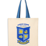 Natural colored tote with blue strap and Video Game High School Crest in Blue and yellow printed in the center.