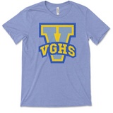 Heathered blue short sleeve shirts with large V printed on them in yellow and blue. VGHS is written in block varsity letters across the bottom of the V.